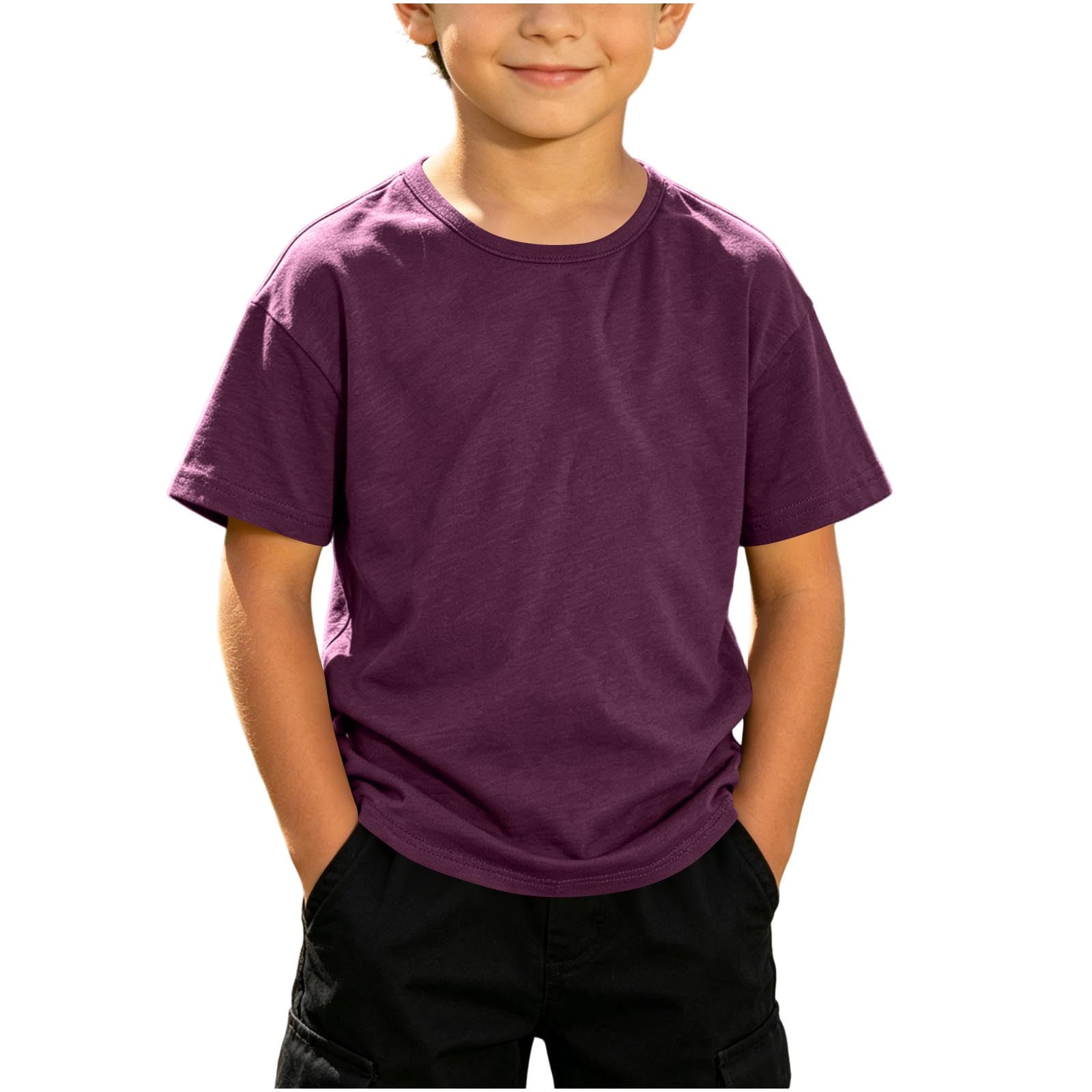Kids Plain Tee Short Sleeve Round Neck Curved Hem T-Shirt Loose Basic Casual Top For Boys & Girls Purple 1-2 Years