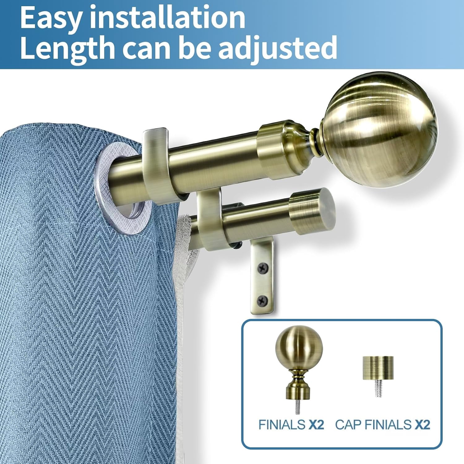 Urbanest Adjustable Double Curtain Rod Set Steel Ball Manhattan Finials – 1″ Front & 3/4 Back Rod With Antique Brass Rod, 28–48 Inches