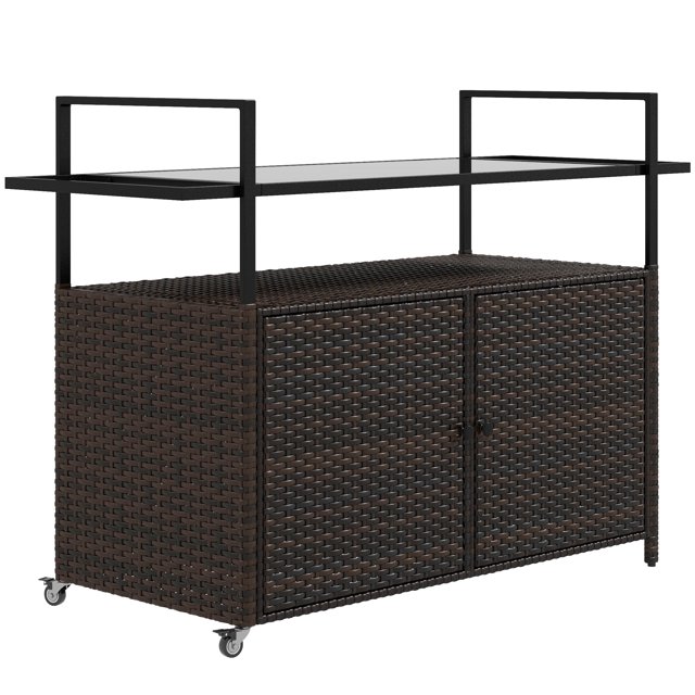Outsunny PE Rattan Outdoor Bar Cart with Shelf & Cabinet, Mixed Brown