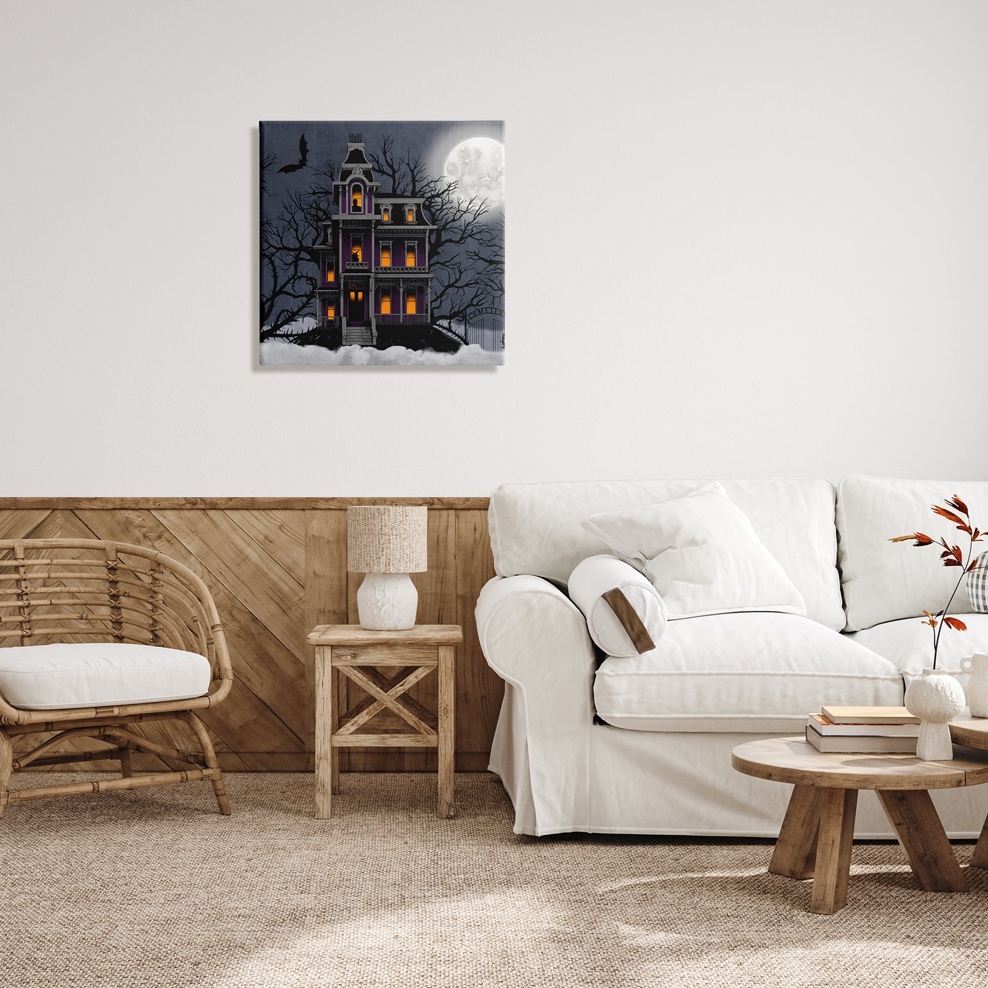 Creepy Haunted Halloween House Under Moonlit Sky Holiday Painting Gallery-Wrapped Canvas Print Wall Art