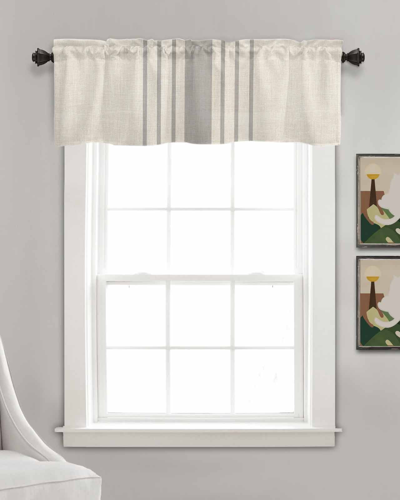 Grey Striped Kitchen Valances for Windows Farmhouse Linen Window Valance Curtain for Living Room Window Treatment Beige Geometric Modern Minimalist Valance Rod Pocket Topper Drape, 42 x 18 Inch