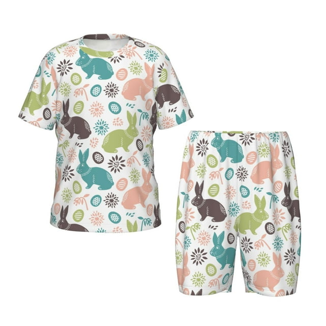 Xecao Easter Rabbit Pattern Short-Sleeved Pajama Set for Kids Soft Cotton-Like Sleepwear with Elastic Waistband and Side Pockets for Boys and Girls-XX-Large