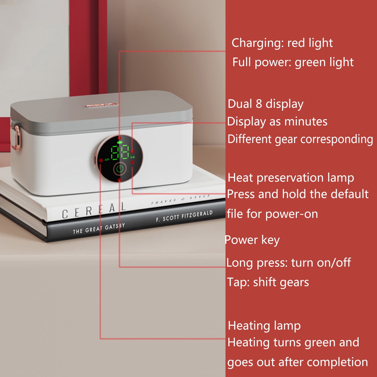 Electric Heating Lunch Box Wireless Portable USB Rechargeable Lunch Box 1000mL 16000mAh Insulation Lunch Container