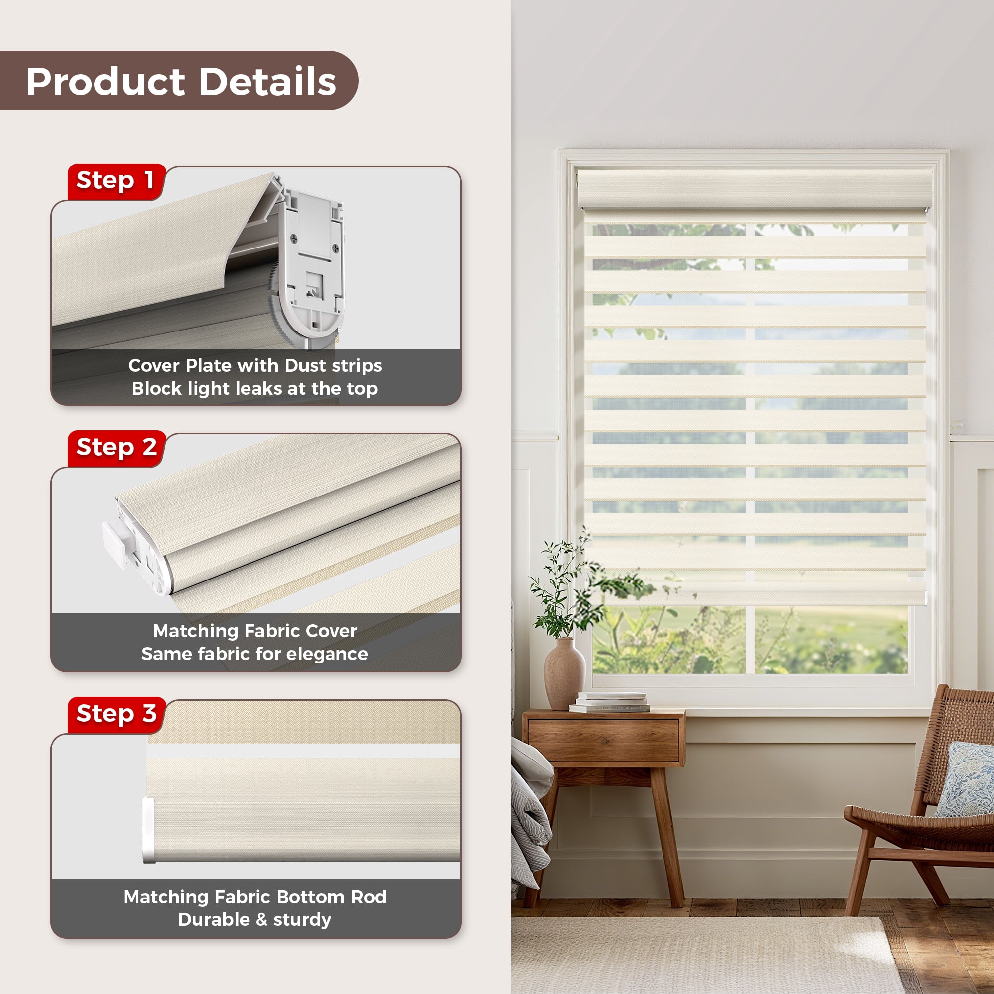 Allesin Zen No Drill No Tools Cordless Zebra Blinds, Beige, 29"Wx48"H