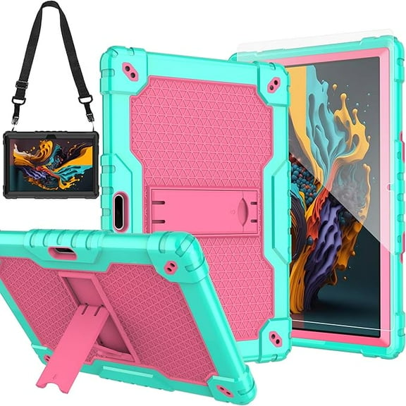 FIEWESEY Case for Pritom M10 /quntiCO Y10 /Digiland DL1036 /Voger priorpad X100 /VUCATIMES N10/Gateway 10.1 HD Tab Case with Stand Rubber Hybrid Come with 9H Tempered Glass Film (Green/Pink/1 PC)