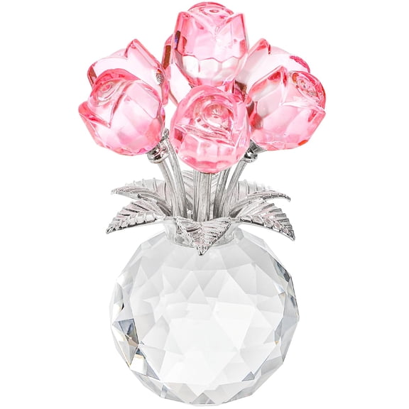 Crystal Rose Bouquet Flower Figurine with Round Vase, Handmade Pink Crystal Rose Flower Gifts for Valentine's Day, Mother's Day, Christmas, Birthday, Anniversary, Wedding Home Decorations