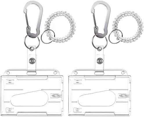 Wrist Coil ID Badge Holder with Multitool Aluminum Carabiner Clip,Stretchable Spiral Wristband Key Ring,for Lanyard Outdoor Camping Cruise (Clear Horizontal,PC)