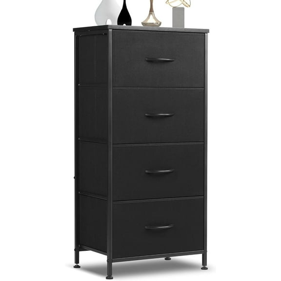 4-Drawer Fabric Dresser with Wood Top - Compact Storage Cabinet for Bedroom and Living Room, Black