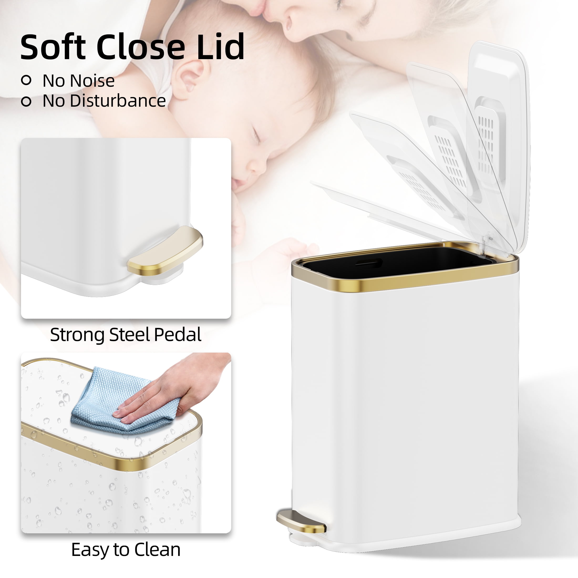 KSSKSS 1.6 Gallon/6L Slim Stainless Steel Bathroom Trash Can with Lid, Soft-Close Small Garbage Bin for Narrow Spaces, White