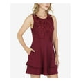 thumbnail image 3 of SPEECHLESS Womens Maroon Stretch Embroidered Zippered Lace Top Tiered Flounce Hem Sleeveless Jewel Neck Short Ruffled Dress L, 3 of 4