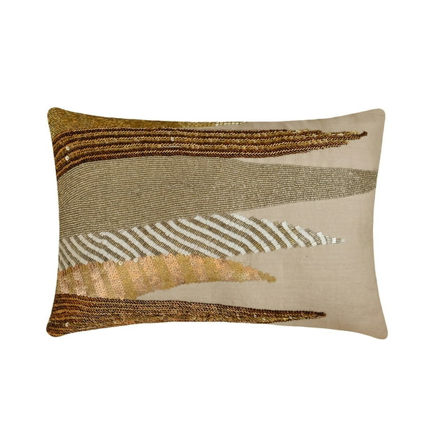 The HomeCentric Decorative Gold & Brown Pack of 2, 12"x26" (30x65 cm) Lumbar Pillow Cover, Linen Beaded, Sequins & Embroidery Oblong Pillow, Abstract Pattern Modern Style - Casting A Glow