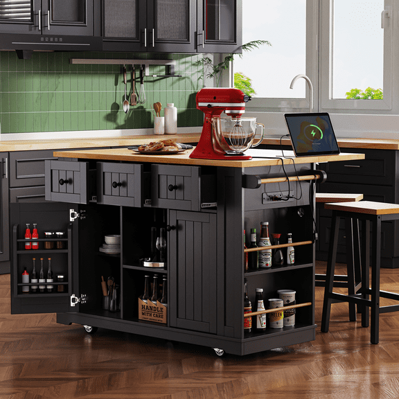 Aukfa Rolling Kitchen Island with Storage and Power Outlets,Farmhouse Kitchen Island Cabinet,Black