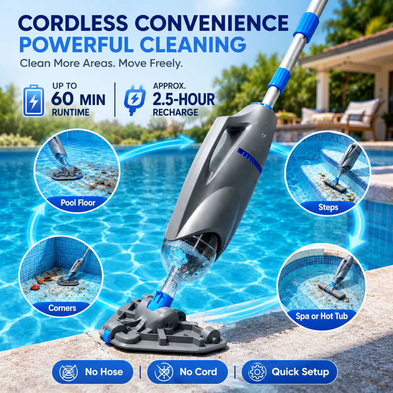 Hot Tub Vacuum, Cordless Handheld Pool Vacuum for Above Ground Pool | Up to 6.6 ft Pole, 15 GPM Powerful Suction, 2 Brush Heads, 2 Filter Bags, 60 Min Runtime, Design for Spa, Hot Tub, Small Pool