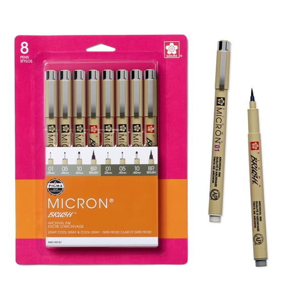 Sakura Pigma Micron Fineliner Pens - Archival Gray Ink Pens - Pens for Writing, Drawing, or Journaling - Assorted Point Sizes - 8 Pack