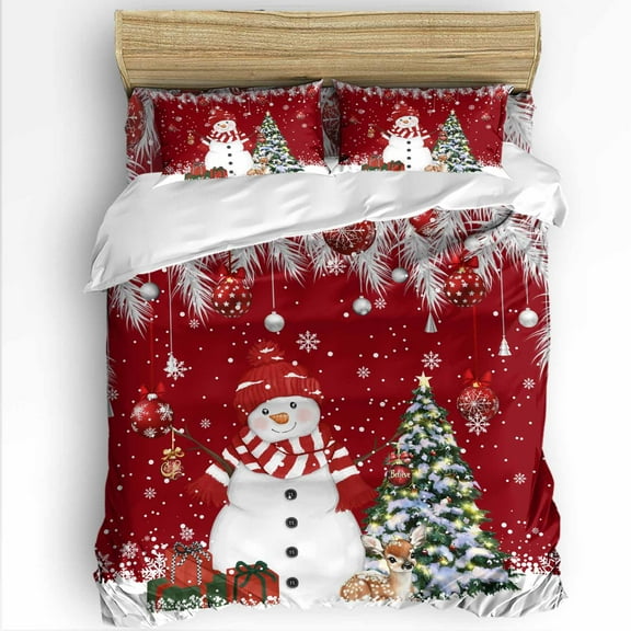 Christmas Snowman King Size Comforter Set, Xmas Tree Ball Winter Fir Leaves Elk Red Soft Bedding for All Seasons, 4 Pcs Bed Set with 1Comforter (90"x106") ,1 Sheet(94"x116"), 2 Pillowcases (19"x35")