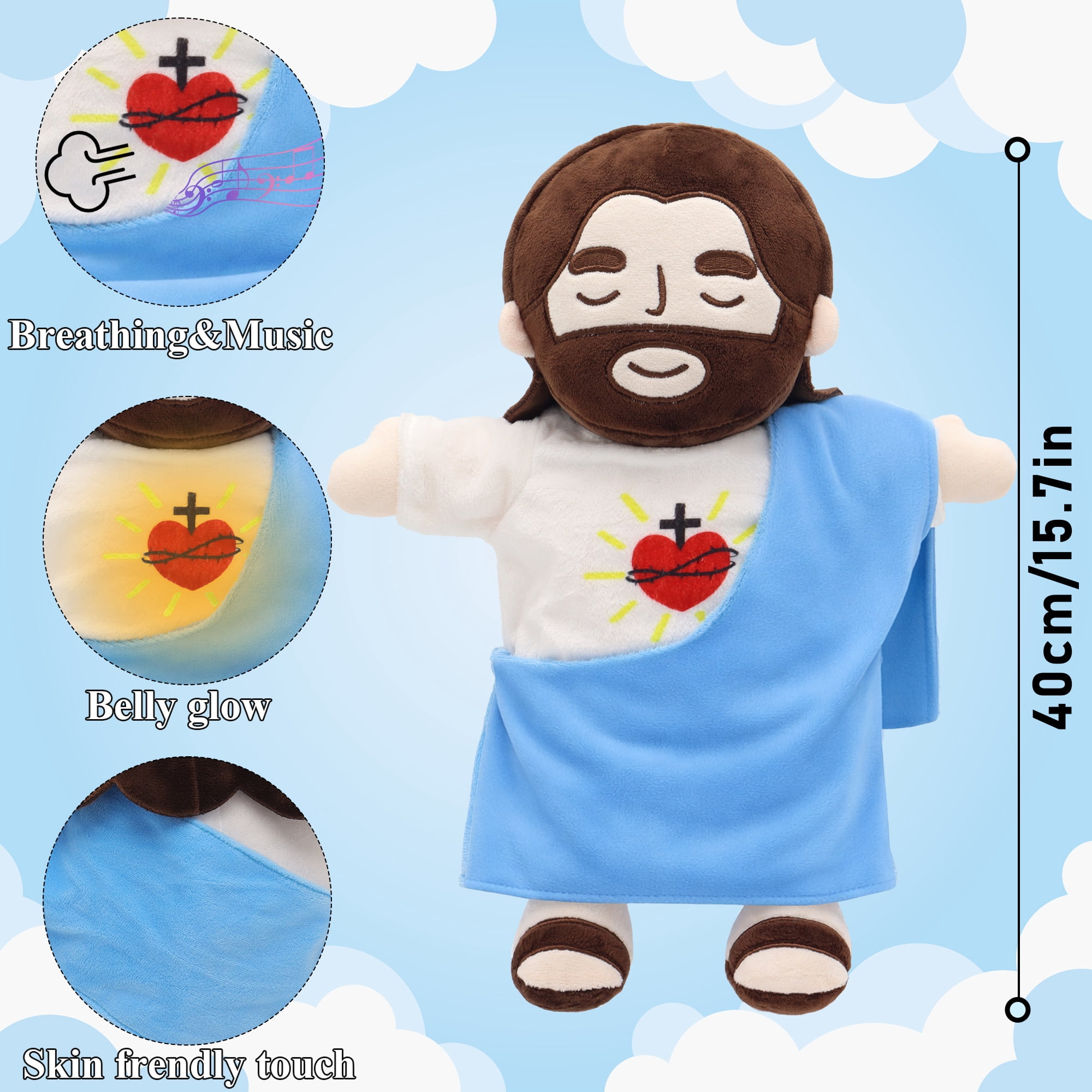 15.7in Sacred Heart Of Jesus Plush Doll, Breathing Jesus With Glowing Light, Christian Religious Toy For Church, Sunday School, Prayer, Home Decor, Christening, Baptism, Easter Gifts For Kids-Blue