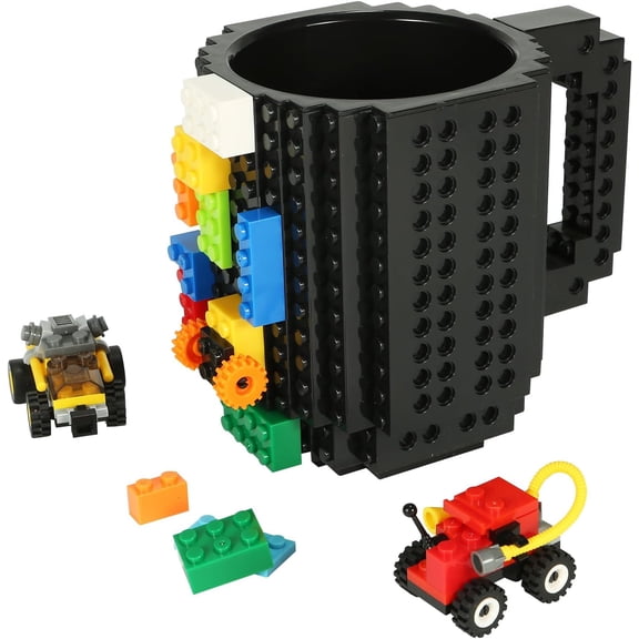 Build-on Brick Coffee Mug, Funny DIY Novelty Cup with Building Blocks Creative for Kids Men Women Xmas Birthday (Cool Black)