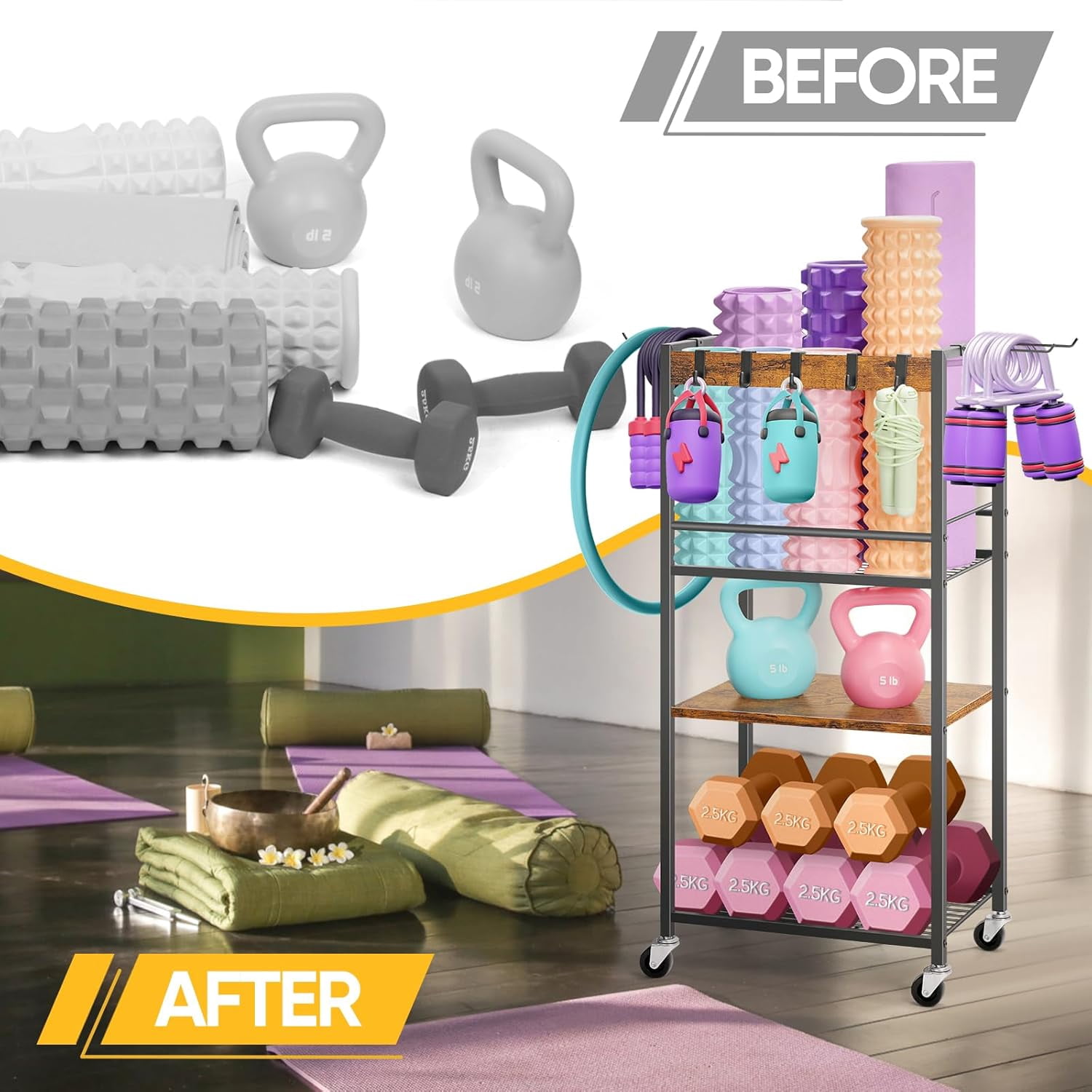 This heavy-duty home gym storage rack and yoga mat holder is a fitness equipment organizer with hooks and wheels suitable for storing dumbbells and other exercise equipment