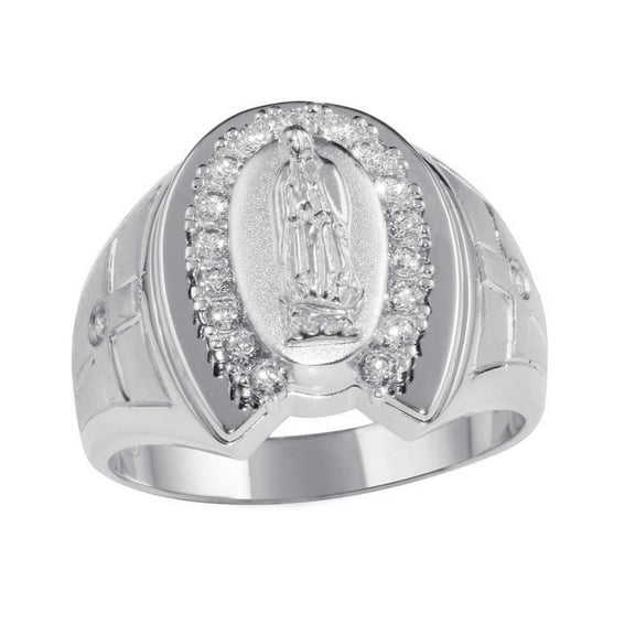 925 Rhodium Plated Sterling Silver Rhodium Lady of Guadalupe Ring White CZ Female Size 12