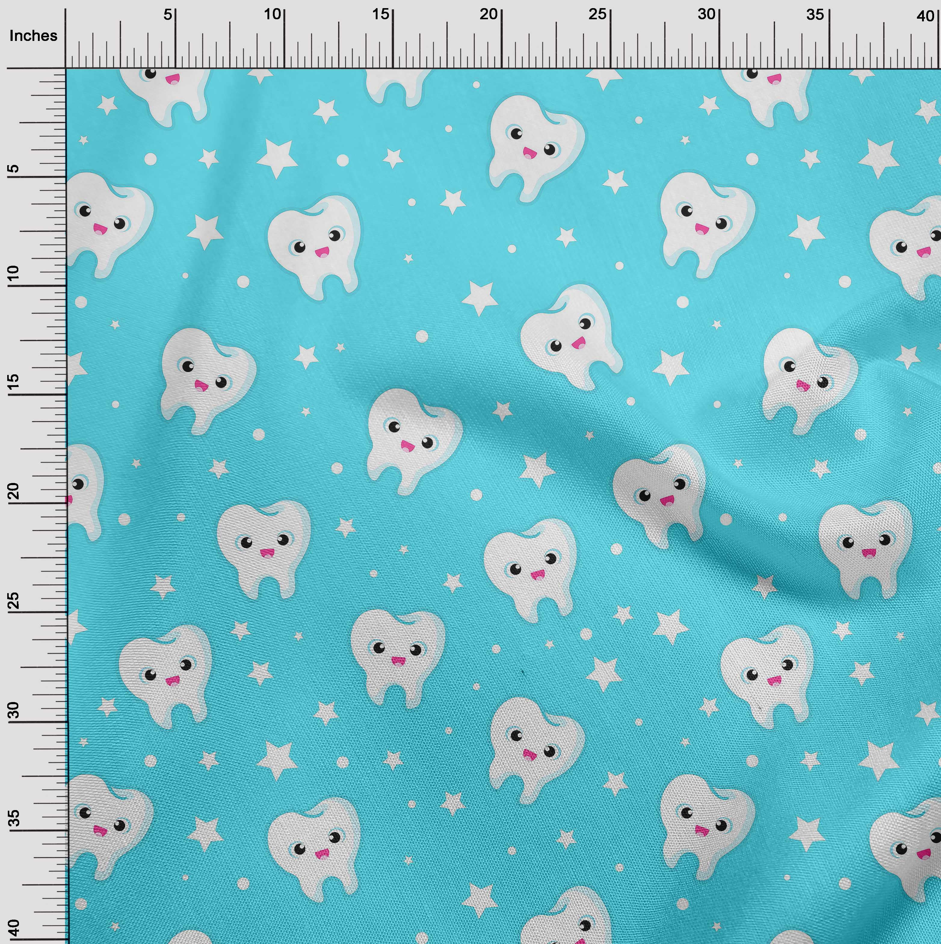 oneOone Cotton Poplin Aqua Blue Fabric Teeth Quilting Supplies Print Sewing Fabric By The Yard 56 Inch Wide