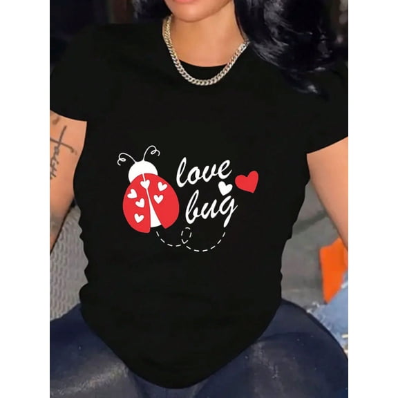Love Bug Ladybug Heart Graphic Valentine's Day Women's Casual Short Sleeve Tee