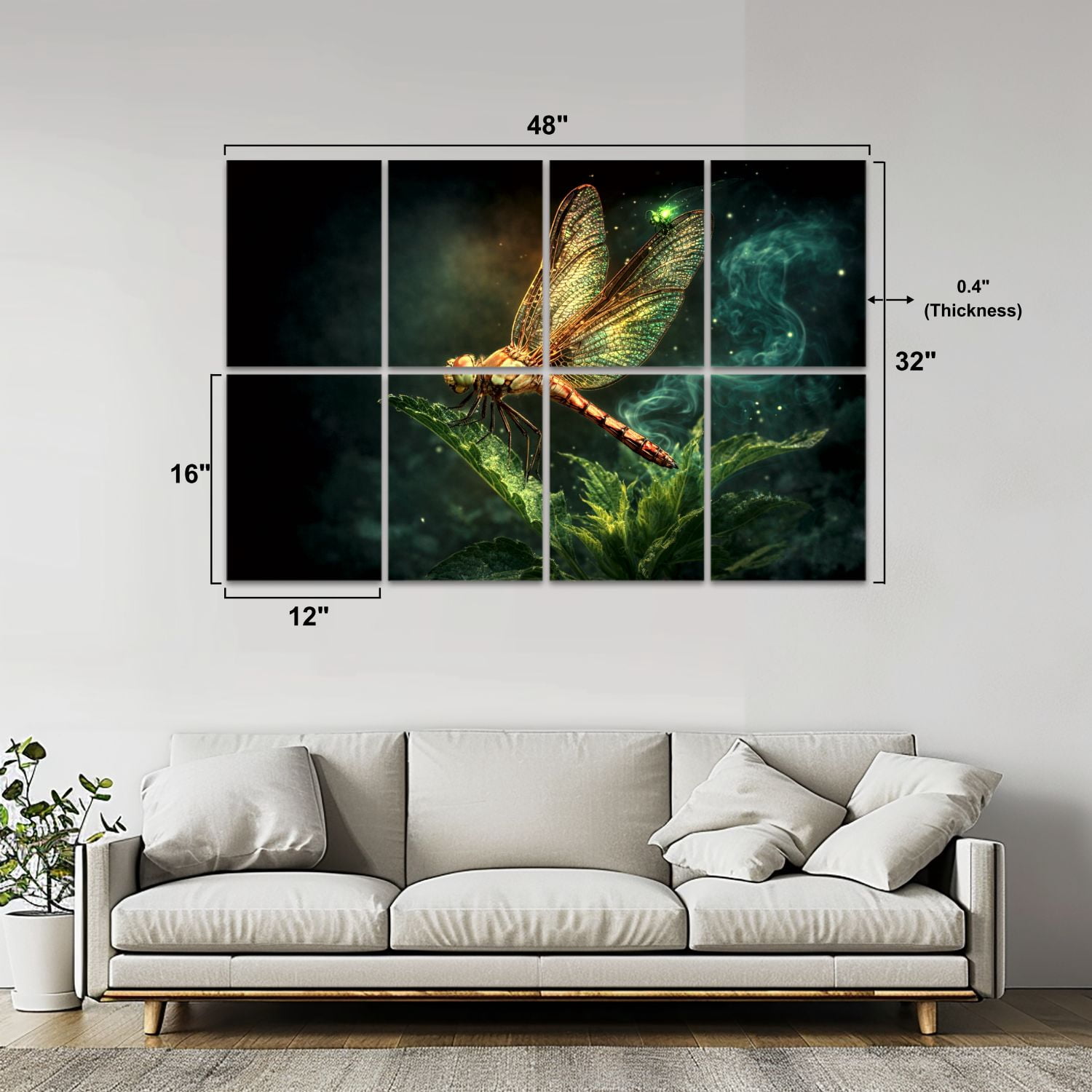 Gothic 8 Pack Art Acoustic Panels Sound Absorbing Golden Dragonfly Perched Green Leaf Wings Natural Lighting Decorative Soundproof Wall Panels Self Adhesive for Nursery Game Room Bedroom 48"x32"