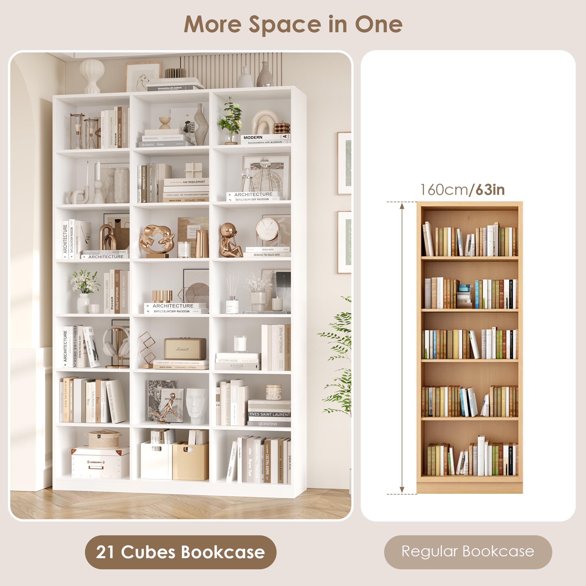 Hiphuta 21-Cube Bookcase, 86"H Tall Wooden Bookshelves for Bedroom, Living Room and Office, Freestanding Display Shelves Cube Organizer, white