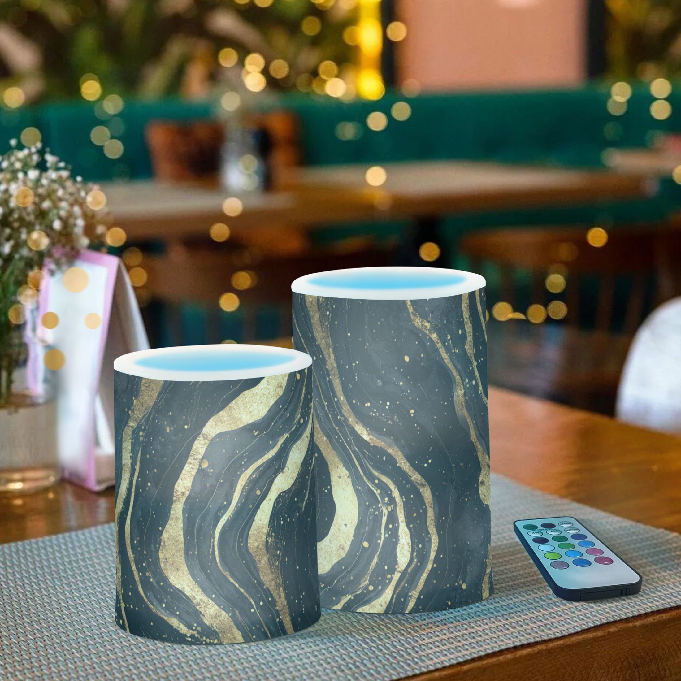 Black and Gold Abstract Flickering Flameless Candles Battery Operated with Remote Timer LED Pillar Candles Set of 2