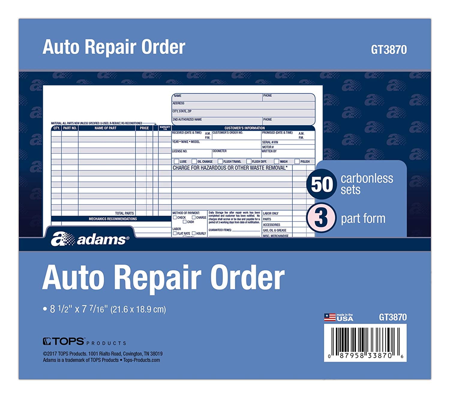 auto repair order forms 85 x 744 inch 3 part carbonless 50 pack