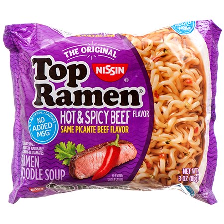 NISSIN TOP RAMEN HOT AND SPICY BEEF FLAVOR SAME PICANTE BEEF FLAVOR 3 oz Each ( 24 in a Pack )