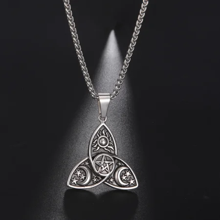 Viking Wicca Sun Star Moon 14K White Gold Pendant Necklaces Triple Moon Goddess Triquetra Pentacle Men Women Necklace Jewelry