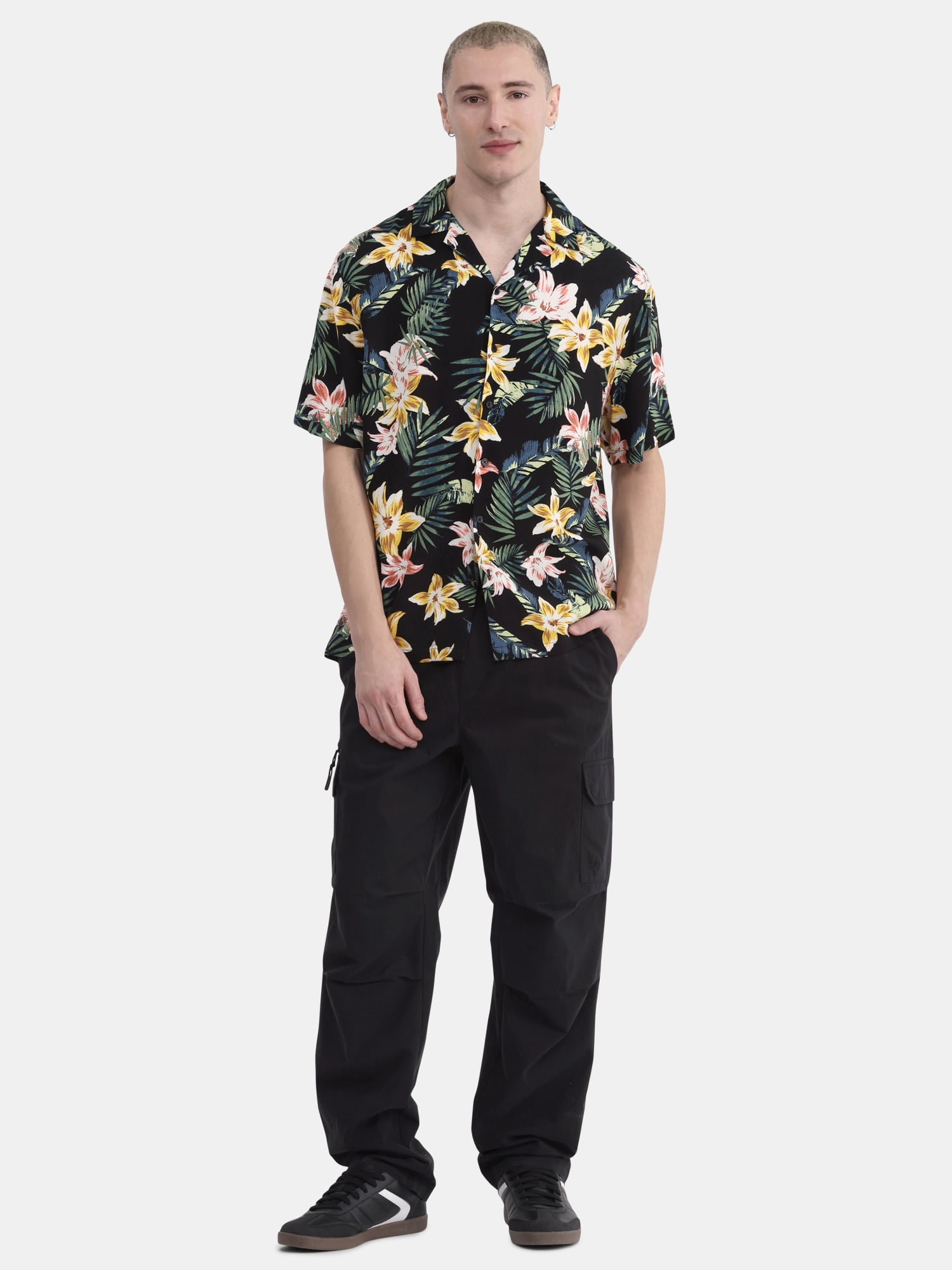 No Boundaries Men's & Big Men's Rayon Print Button Up Shirt with Short Sleeves, Sizes XS-5XL
