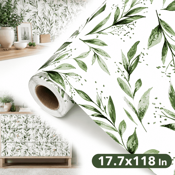 Green Leaf Peel and Stick Wallpaper - Self Adhesive Removable Vinyl Contact Paper, 17.7x118.1 Inch, Easy Install for Walls, Furniture, Cabinets