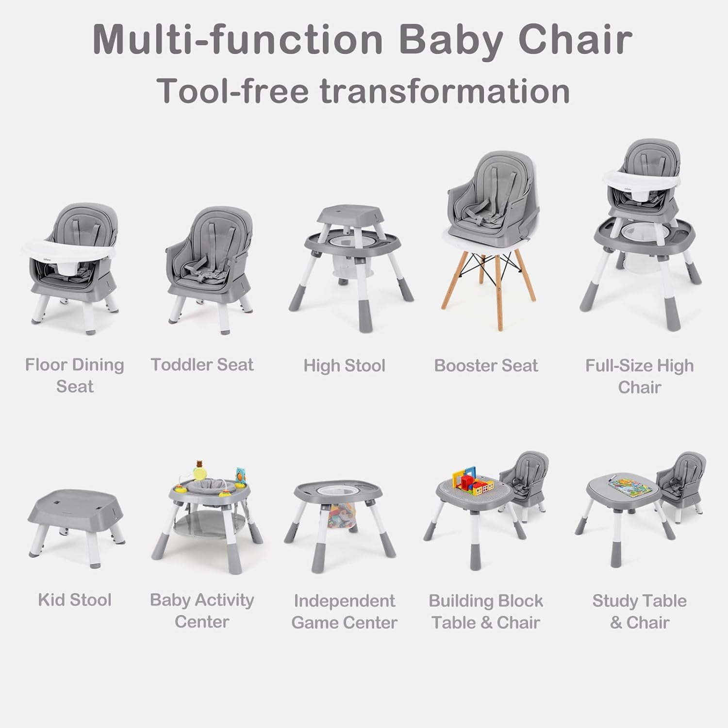 INFANS 9 in 1 High Chair, Convertible Baby Highchair for Babies and Toddlers, Table and Chair Set Building Block Infant Dining Booster Seat, Kids Stool with Activity Children Play Kitchen