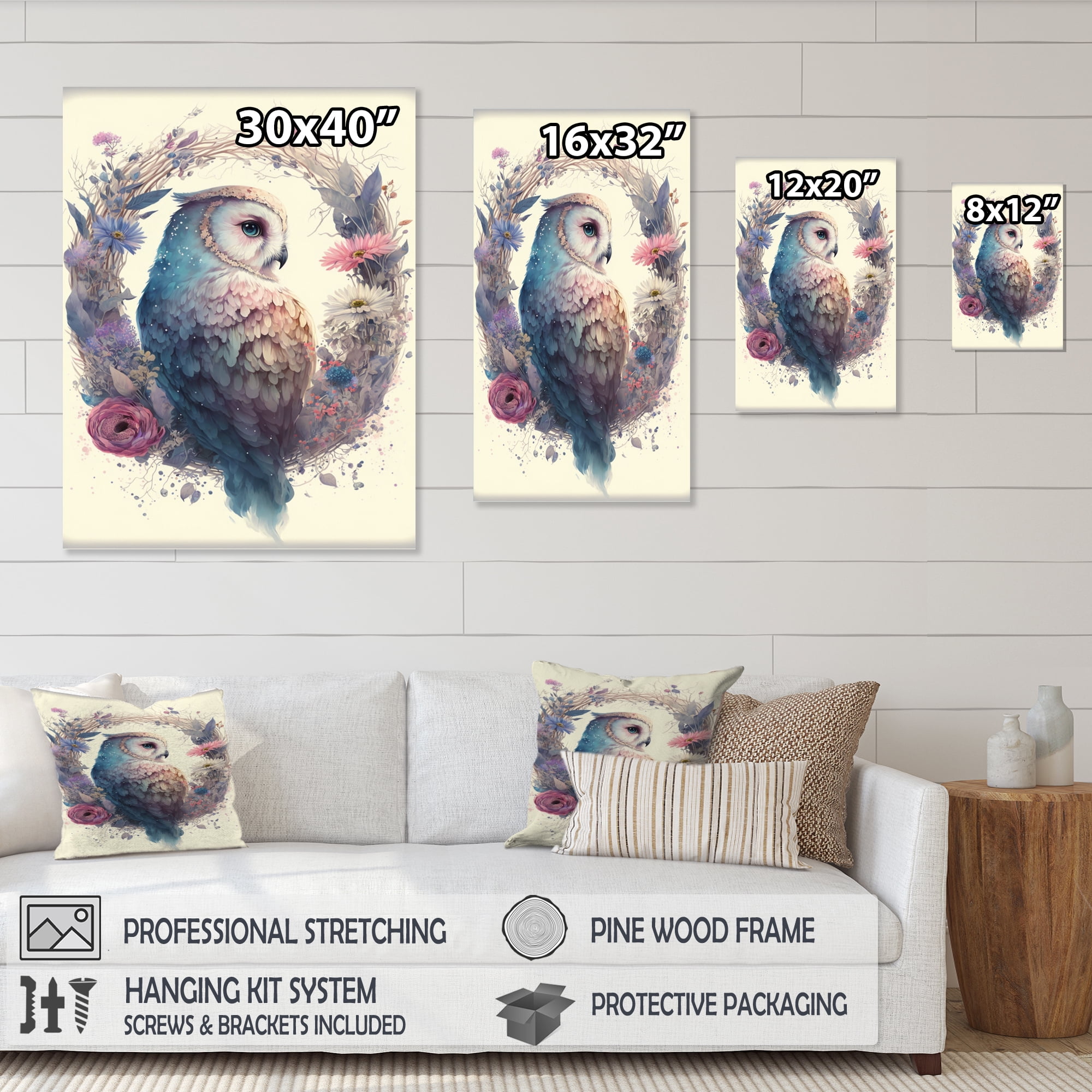 Designart Cute Owls Floral Art III Canvas Wall Art