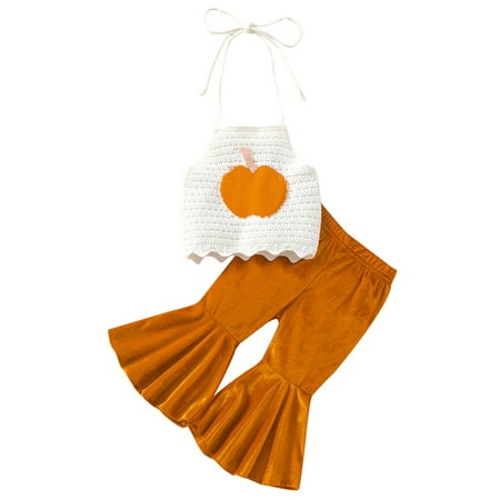 

Canrulo Toddler Baby Girls Halloween Outfits Pumpkin Crochet Knit Halter Backless Crop Tops Velvet Flared Pants Set Orange 4-5 Years