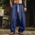 thumbnail image 3 of Domuza Men's Cotton Linen Pants Drawstring Casual Cropped Trousers Lightweight Loose Beach Yoga Pants with Pockets Navy S, 3 of 4