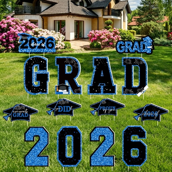 Waterproof 2026 Grad Yard Signs Plastic Graduation Yard Signs Party Outdoor Lawn Decorations 16 Inches Glitter Congrats Grad Lawn Sign with Stakes for Outdoor Party Garden Decor (Blue)