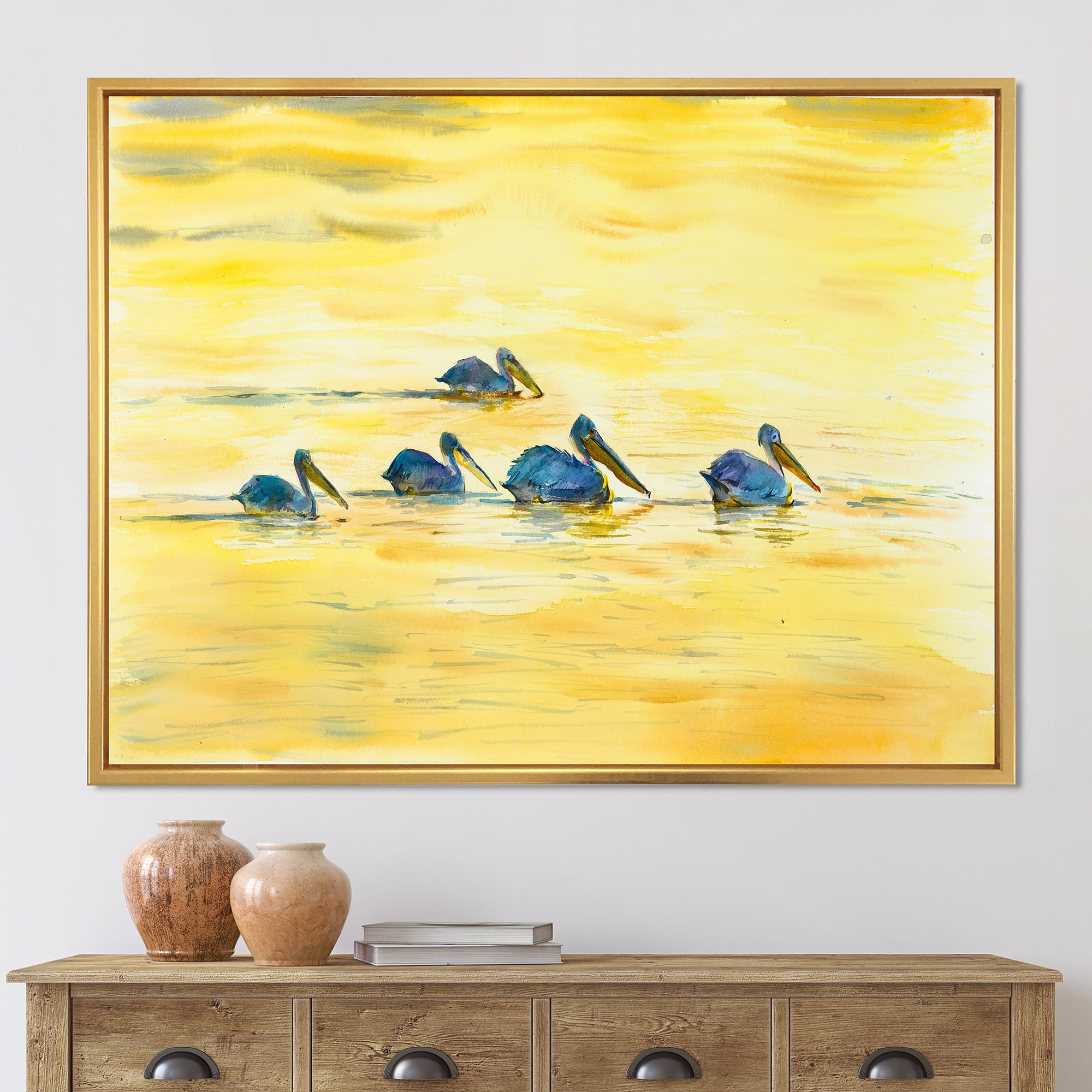 Designart 'Pelicans Birds On The Yellow River' Farmhouse Framed Canvas Wall Art Print