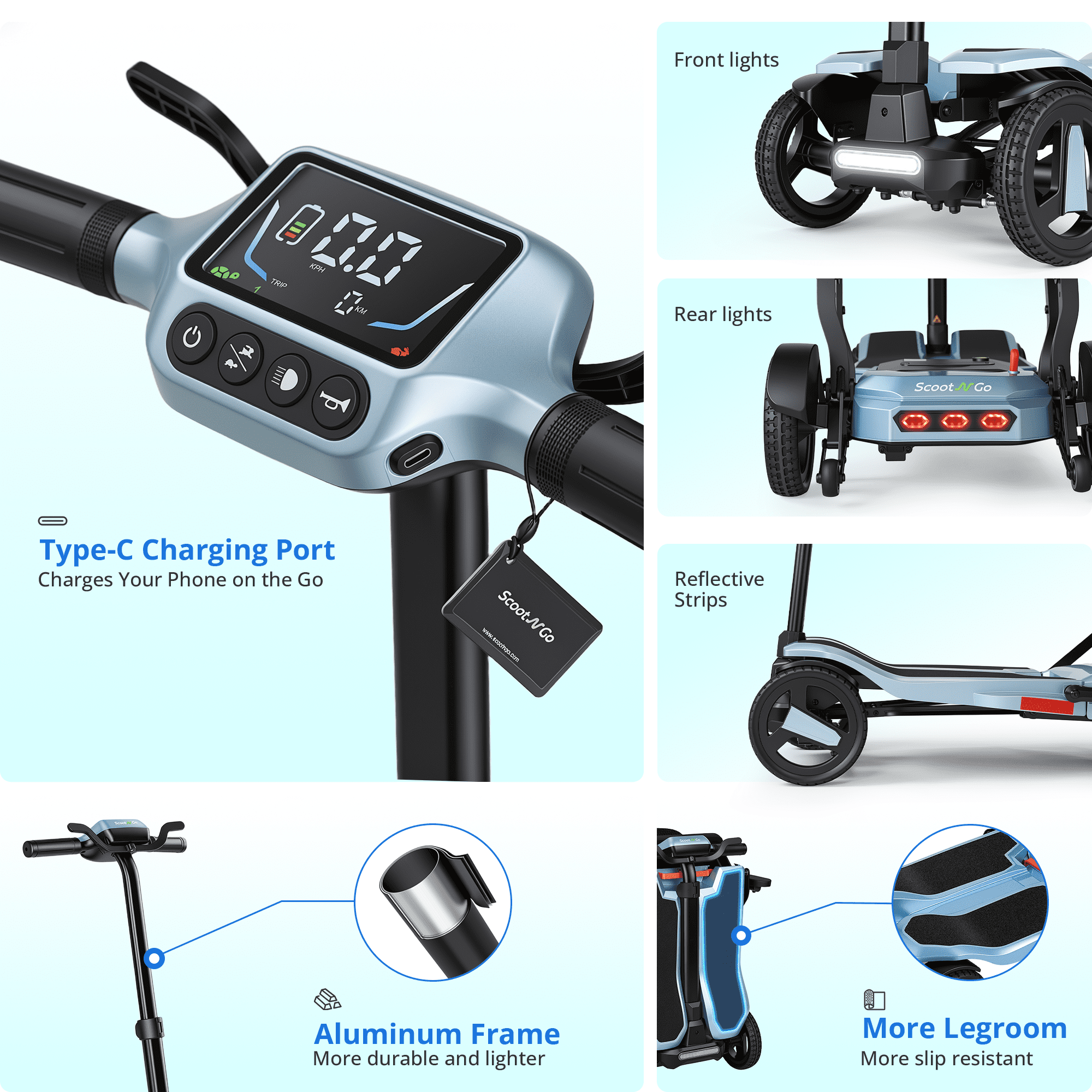 ScootNGo Voyager 33 lbs Lightweight Foldable Mobility Scooter for Seniors & Adult, Airline Approved 4-Wheel Electric Scooter, NFC Unlock, Light Blue