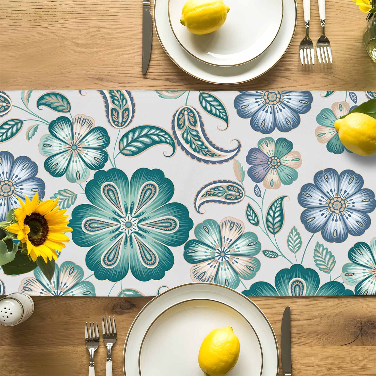 Abstract Ombre Ethnic Flower Table Runner 90 Inches Long, Traditional Blossom Floral Table Runners Tabletop Scarf Kitchen Dining Tables Decoration for Home Party Indoor Outdoor