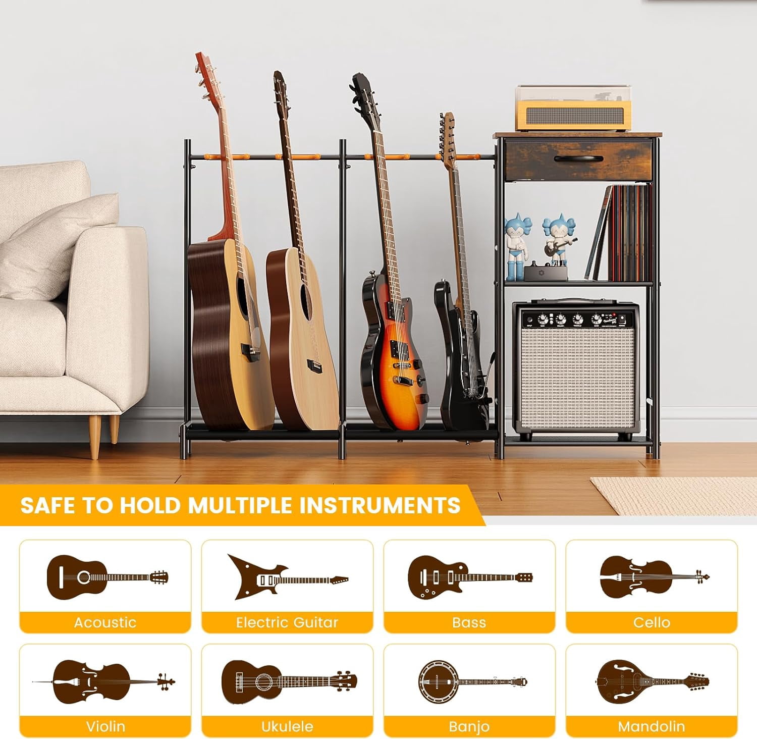 Flycity Guitar Stands Floor with 4 Guitar Holders, 3 Tier Guitar Rack with Amp Stand & Cloth Drawer, Floor Adjustable Guitar Holder Display for Music Room Home Studio