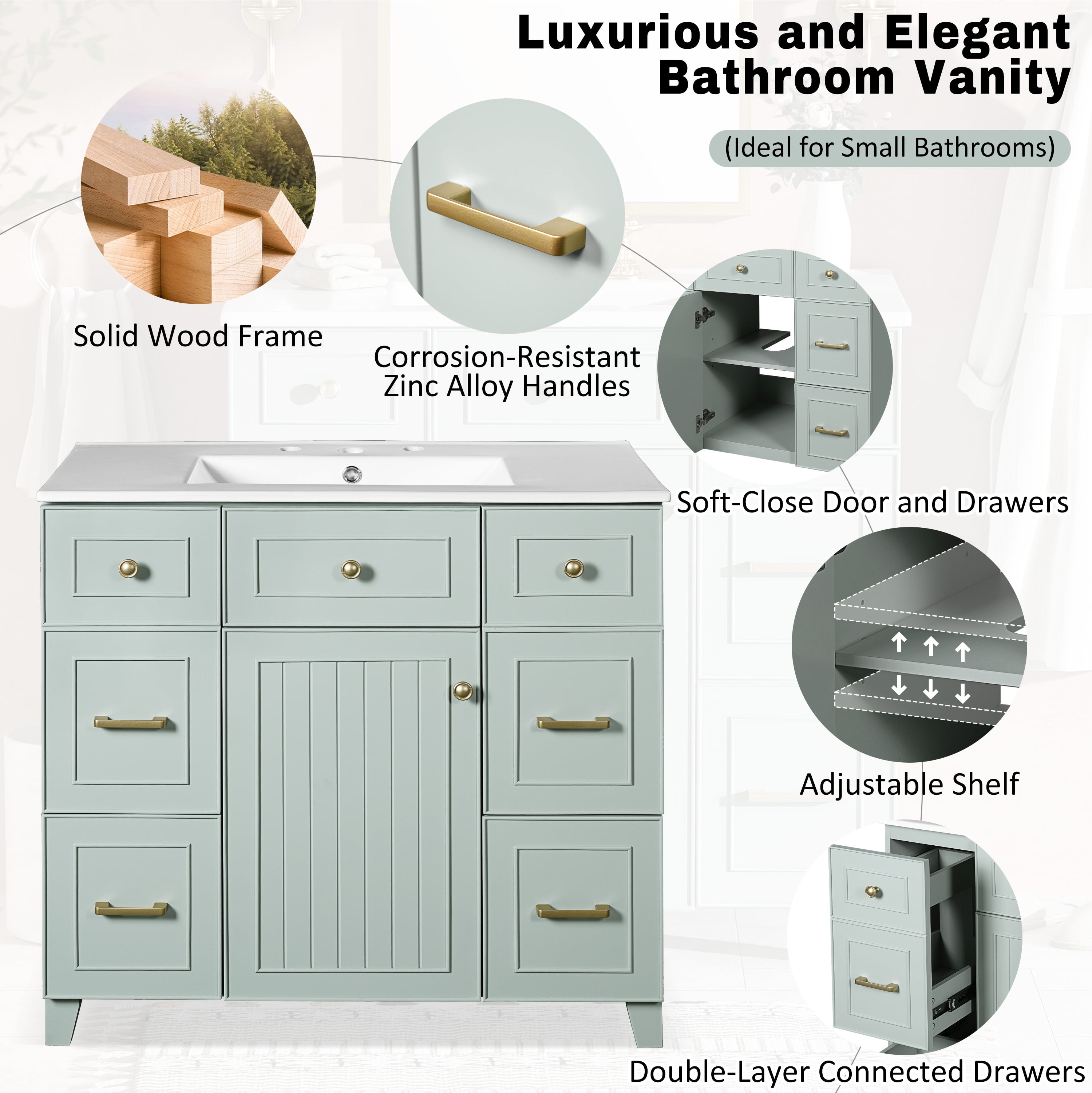 Buffet de cuisine Homy Casa 91 cm vert mousse avec évier en céramique