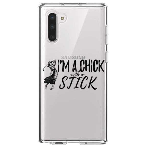 DistinctInk Clear Shockproof Hybrid Case for Samsung Galaxy Note 10 (6.3" Screen) - TPU Bumper Acrylic Back Tempered Glass Screen Protector - I'm a Chick with a Stick Golf