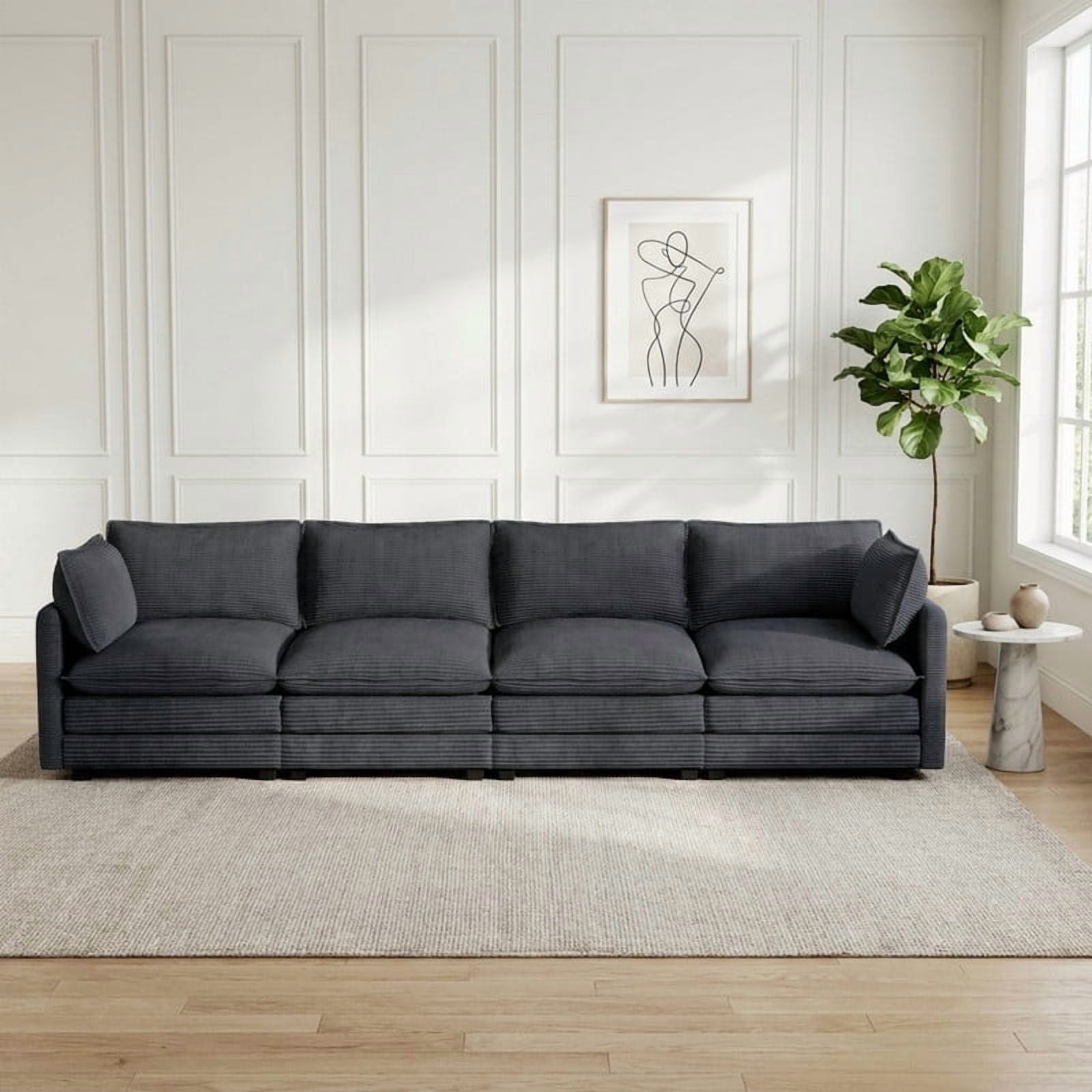 RIAFUN Oversized 4-Seat Modular Corduroy Sectional Cloud Couch, Deep Seat Upholstered Sofa with 2 Throw Pillows, Cozy Living Room Furniture, Dark Gray