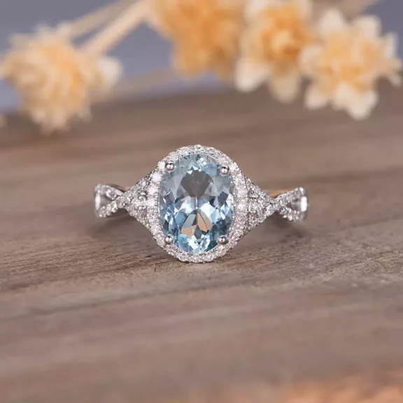 RKC 2.30Ct Round Lab Created Aquamarine Engagement Ring 18K White Gold Plated