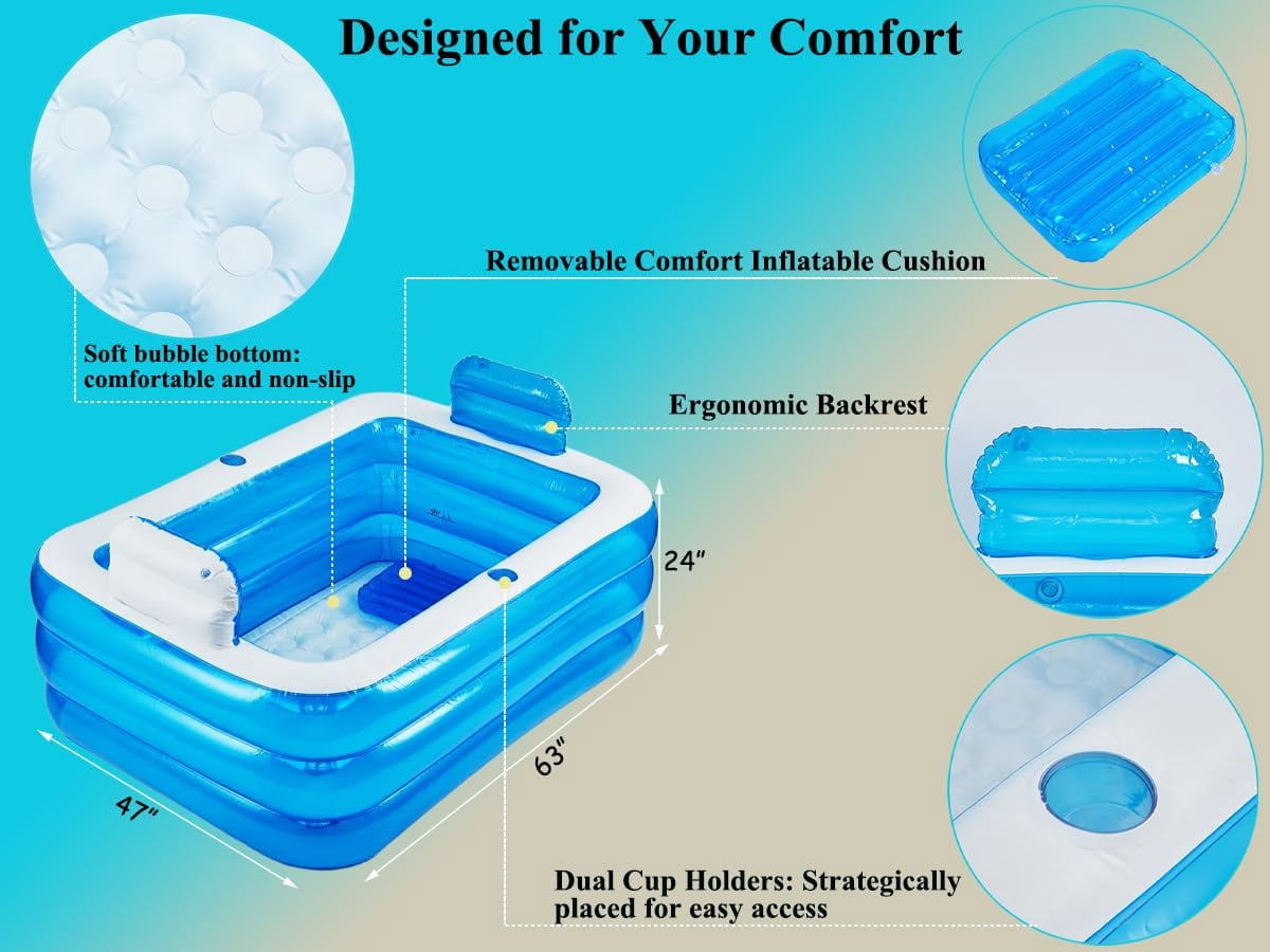 Inflatable Adult Bath Tub 2 Person,Freestanding Blow Up Bathtub with Foldable Portable Feature for Adult Spa,Indoor and Outdoor Universal Folding Pool with Electric Air Pump