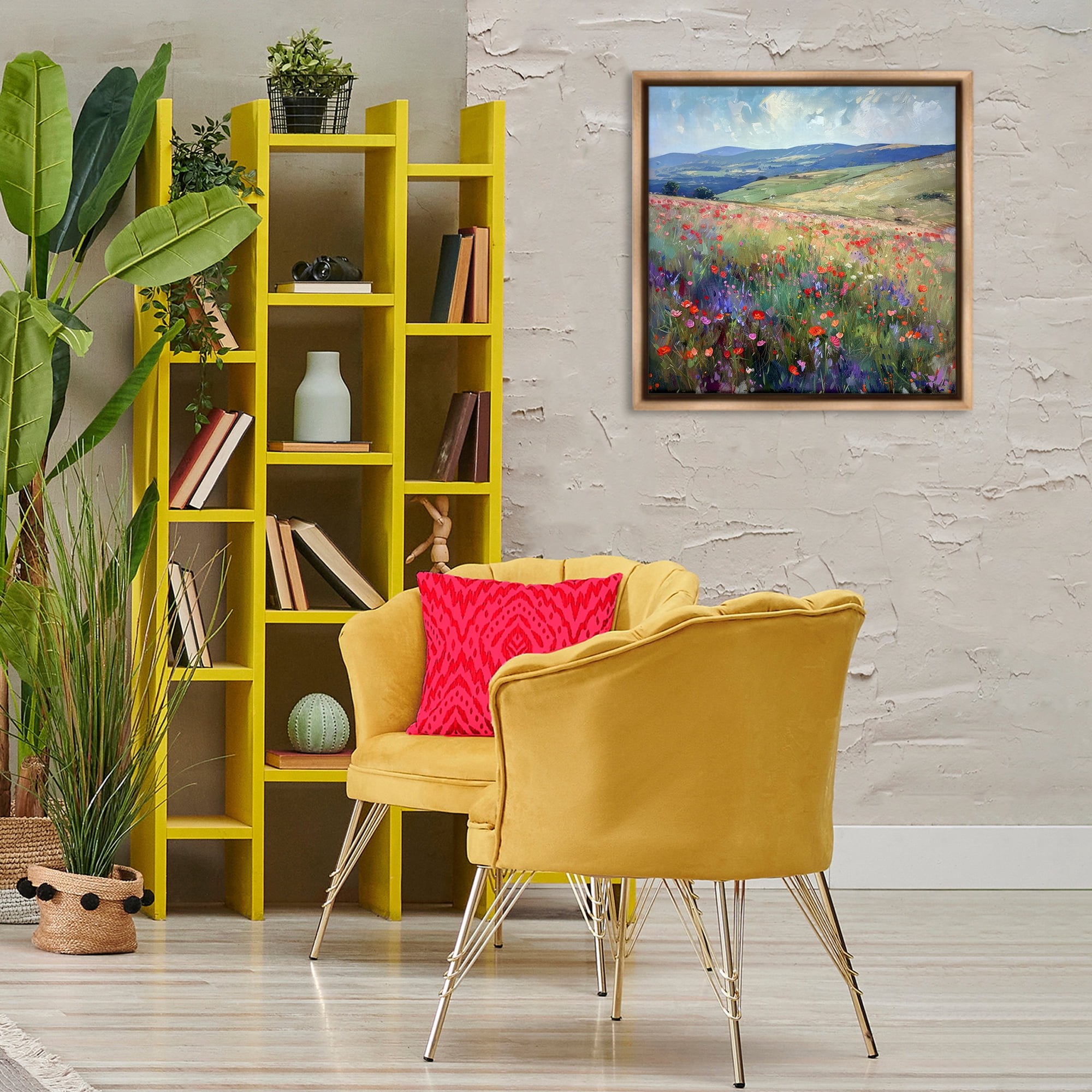 Stupell Industries Rolling Meadow Flowers Landscape & Nature Painting Brown Floater Framed Canvas Art Print Wall Art, 25 x 25