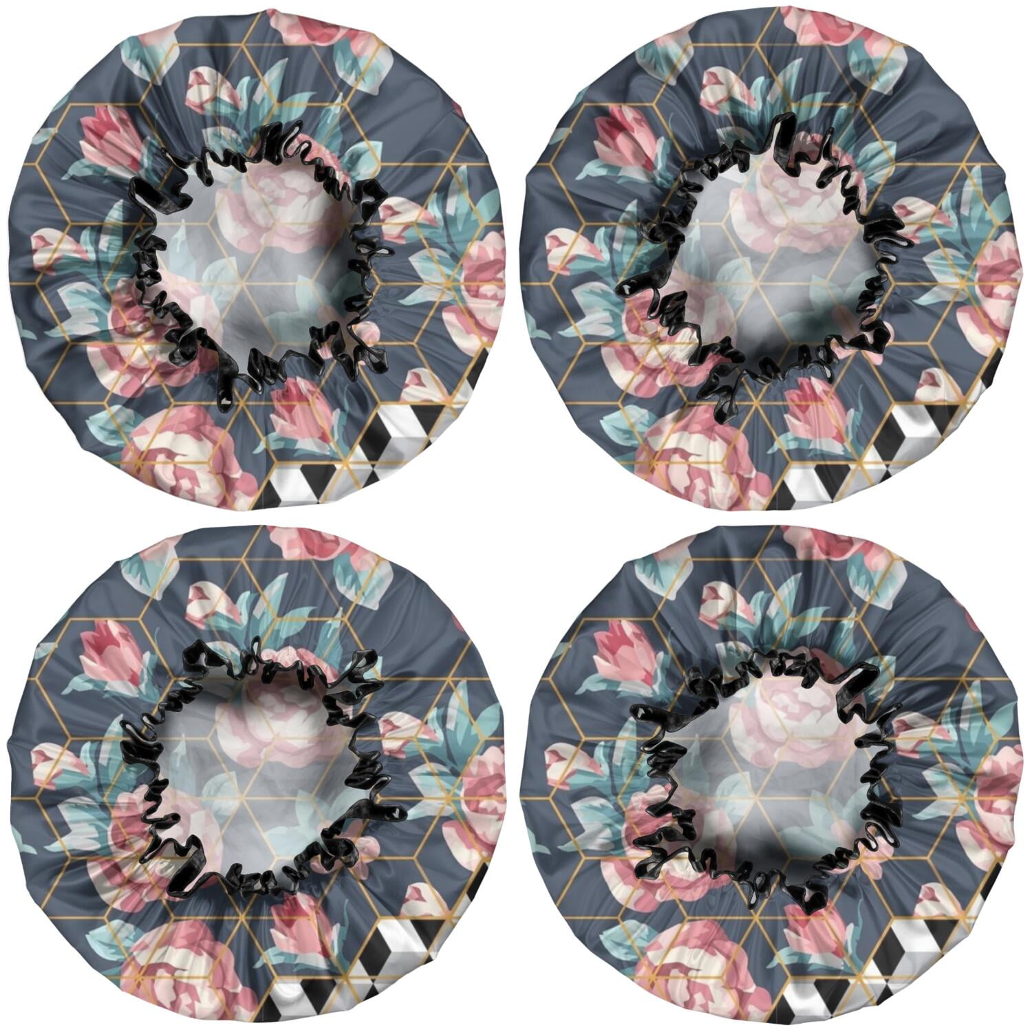 Shower Caps,Pioneer Flower Floral Print Pattern Waterproof Shower Cap for Women 4 Pieces,Double Reusable Hair Cover for Shower PEVA Elastic Stretch Hem