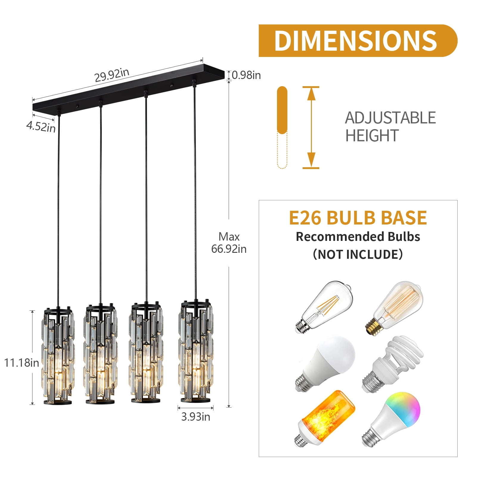 Mini Crystal Chandeliers Adjustable Pendant Light Modern Black Pendant Light Fixture for Living Room, Dinning Room, Kitchen Island and Bedroom(4-light)